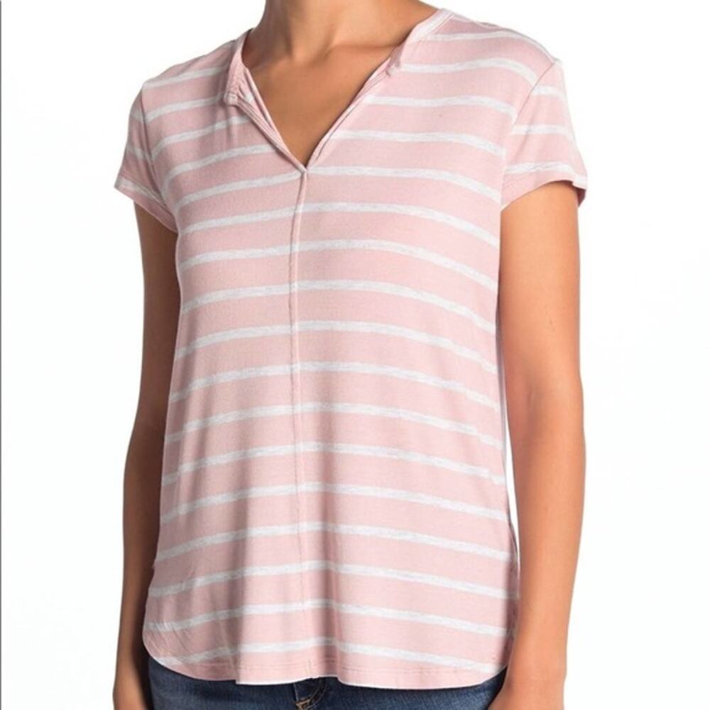 H by Bordeaux Split Neck Stripe T-Shirt Size Large Pink White V Neck New Casual